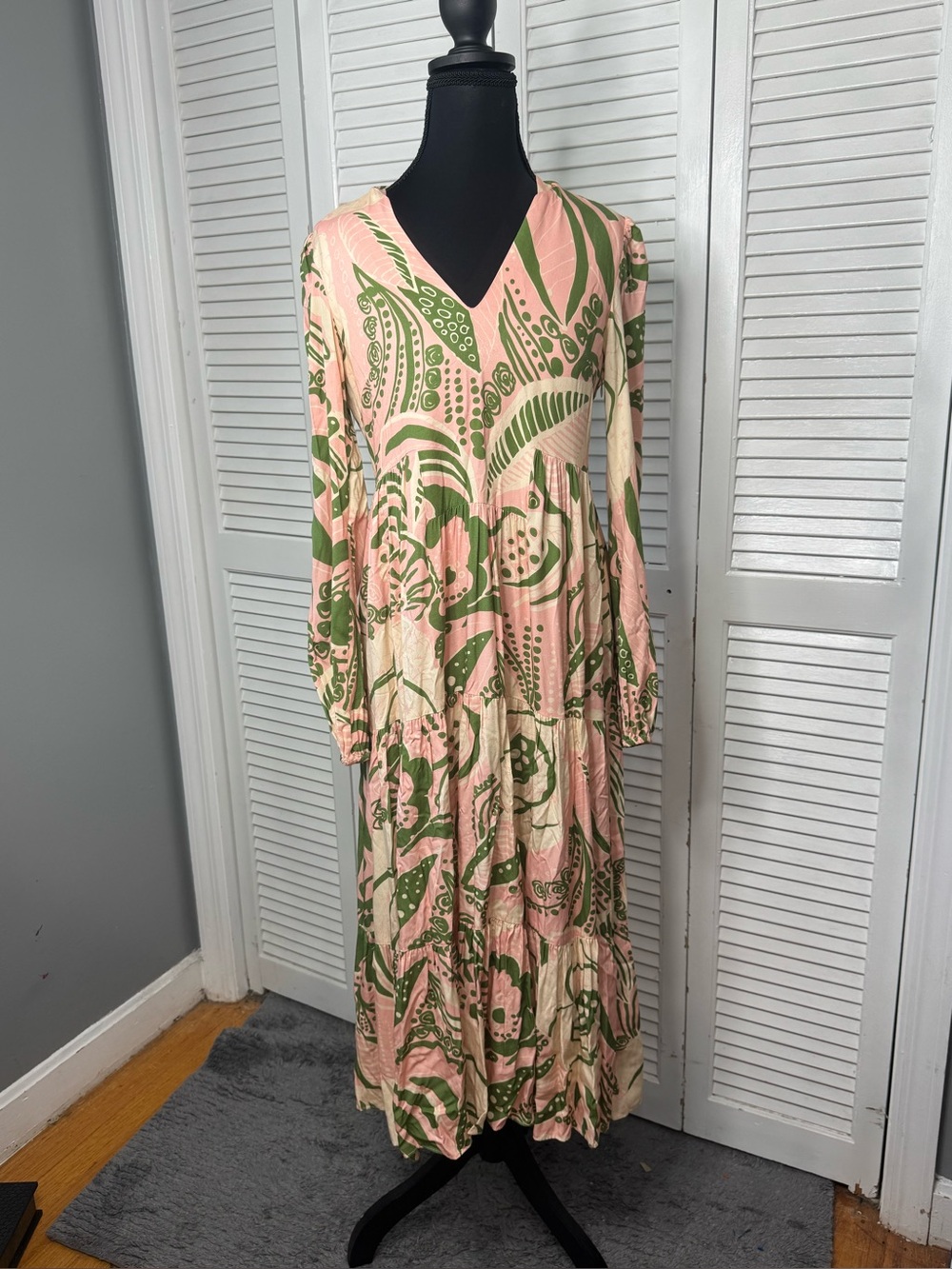Julie Brown Bohemian Whimsical Pink & Olive Tiered Tropical Maxie Dress XL